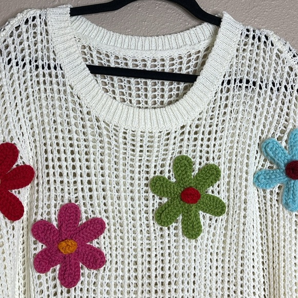 Women’s Ivory White Open-Knit Sweater with Colorful Crochet Flowers Sz XL - Picture 2 of 8